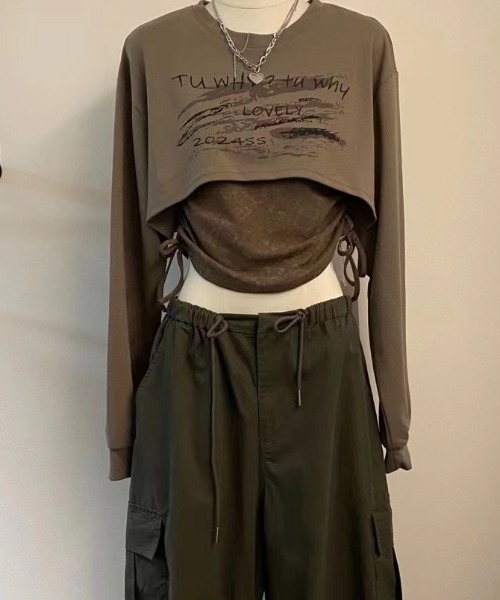 deux amour（ドゥーザムール）の「短丈プリントトップス＋サイドシャーリングタンクトップセット（Tシャツ/カットソー・レディース・ブラウン/ブラック/ホワイト・FREE）」の7枚目の写真