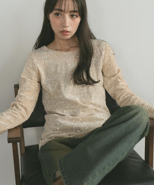 VANNIE U(ヴァニーユー)の「ベロアスパンコールセンタースリットトップス(Tシャツ/カットソー・レディース・アイボリー/ブラウン・FREE)」の15枚目の写真