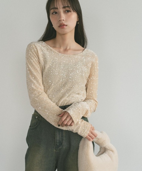 VANNIE U(ヴァニーユー)の「ベロアスパンコールセンタースリットトップス(Tシャツ/カットソー・レディース・アイボリー/ブラウン・FREE)」の11枚目の写真