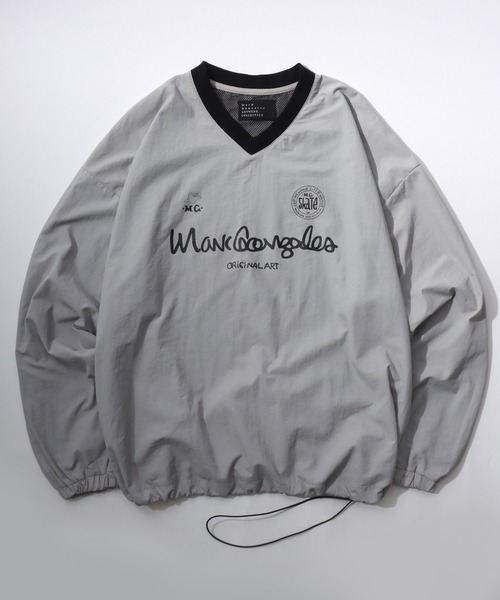 【セール】MARK GONZALES ARTWORK COLLECTION/マークゴンザレス 別注 オーバーサイズ ユニフォームデザイン ゲームシャツ Vネック プルオーバー/トラックジャケット/アノラックジャケット/長袖/レディース メンズ（ナイロンジャケット）｜Mark Gonzales（マーク・ゴンザレス）