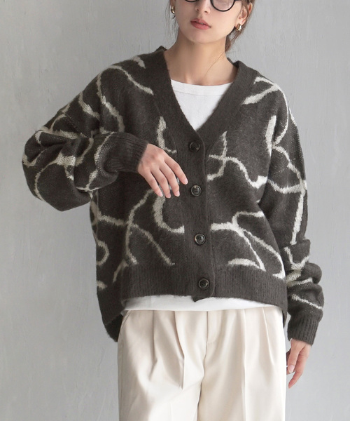 e-zakkamania stores(イーザッカマニアストアーズ)の「ニュアンスライン シャギーVネックカーデ(ニット/セーター・レディース・チャコール/グレー/アイボリー・M)」の3枚目の写真