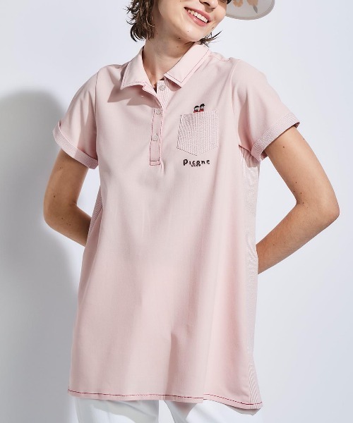 Picone CLUB（ピッコーネクラブ）の「サッカーストライプ切替UV冷感ポロシャツ（ポロシャツ・レディース・ピンク/ホワイト/ベージュ/ネイビー・S/M/L）」の21枚目の写真