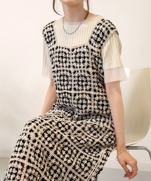 Bab(バブ)の「【XS~M 低身長向けサイズあり】クロシェロングワンピース(ワンピース・レディース・モカ/ベージュ系その他/ベージュ×ブラック/チャコールグレー/イエロー/ホワイト系その他/ブラック・MEDIUM/SMALL/X-SMALL)」の9枚目の写真