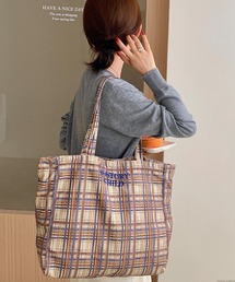 Liaa/大容量 ボーダー チェック柄 トートバッグ A18554