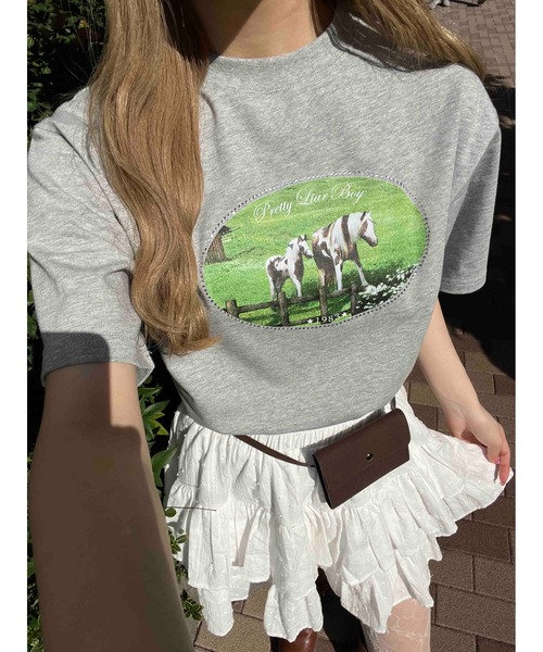 ★Miaou★ ホワイト ラインストーン ベビーTシャツ ボールド フォックスヘッド パッチ オーバーサイズ Tシャツ