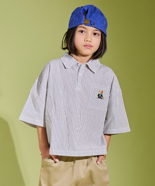 PAIRMANON STREET（ペアマノンストリート）の「【PAIRMANON STREET】くま刺繍 ベア刺繍入り 半袖 シャツ 無地 ストライプ（シャツ/ブラウス・キッズ・ブラック/ホワイト/ブルー・120/90/160/100/140/110/150/130）」の2枚目の写真