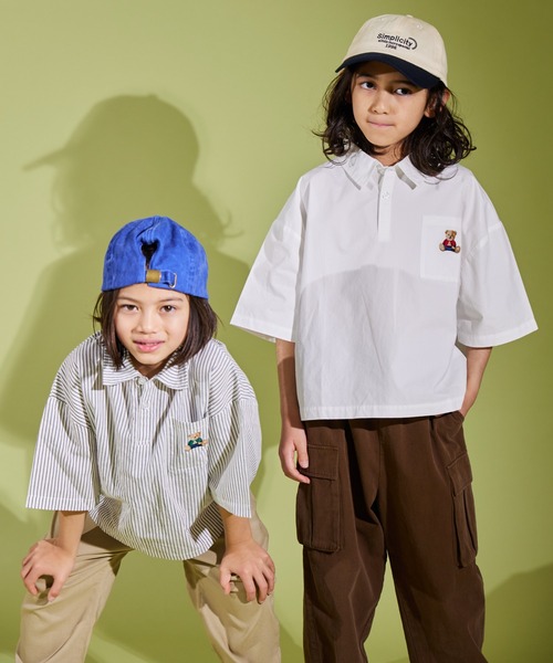 PAIRMANON STREET（ペアマノンストリート）の「【PAIRMANON STREET】くま刺繍 ベア刺繍入り 半袖 シャツ 無地 ストライプ（シャツ/ブラウス・キッズ・ブラック/ホワイト/ブルー・120/90/160/100/140/110/150/130）」の16枚目の写真