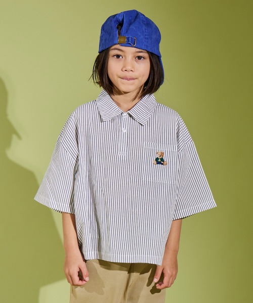 PAIRMANON STREET（ペアマノンストリート）の「【PAIRMANON STREET】くま刺繍 ベア刺繍入り 半袖 シャツ 無地 ストライプ（シャツ/ブラウス・キッズ・ブラック/ホワイト/ブルー・120/90/160/100/140/110/150/130）」の18枚目の写真
