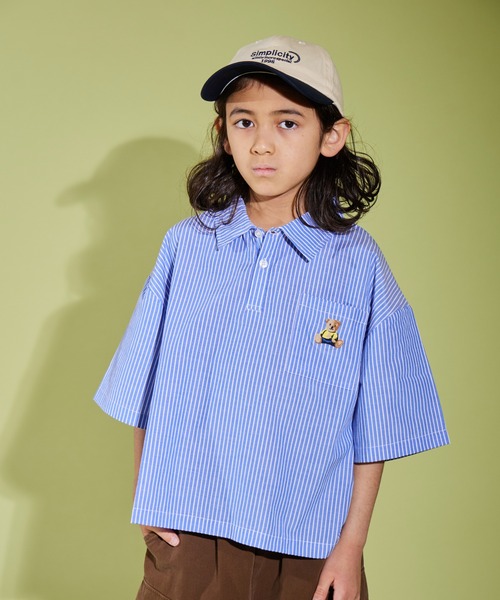 PAIRMANON STREET（ペアマノンストリート）の「【PAIRMANON STREET】くま刺繍 ベア刺繍入り 半袖 シャツ 無地 ストライプ（シャツ/ブラウス・キッズ・ブラック/ホワイト/ブルー・120/90/160/100/140/110/150/130）」の7枚目の写真