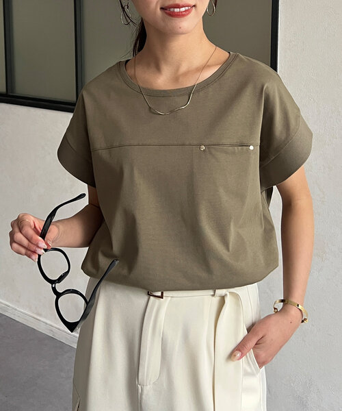 Chez toi（シェトワ）の「袖口リブフレンチT（Tシャツ/カットソー・レディース・オフホワイト/ブラック/グレイッシュベージュ/オリーブ・FREE）」の4枚目の写真