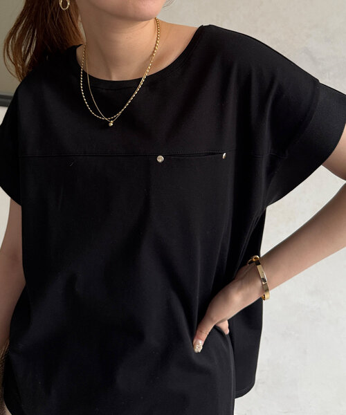 Chez toi（シェトワ）の「袖口リブフレンチT（Tシャツ/カットソー・レディース・オフホワイト/ブラック/グレイッシュベージュ/オリーブ・FREE）」の2枚目の写真