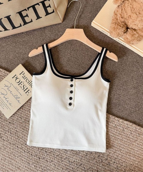 SPIGA（スピーガ）の「前釦ﾊﾞｲｶﾗｰﾊﾟｯﾄ付きﾀﾝｸﾄｯﾌﾟ（タンクトップ・レディース・ホワイト/ブラック/グレー/ブラウン・FREE）」の2枚目の写真