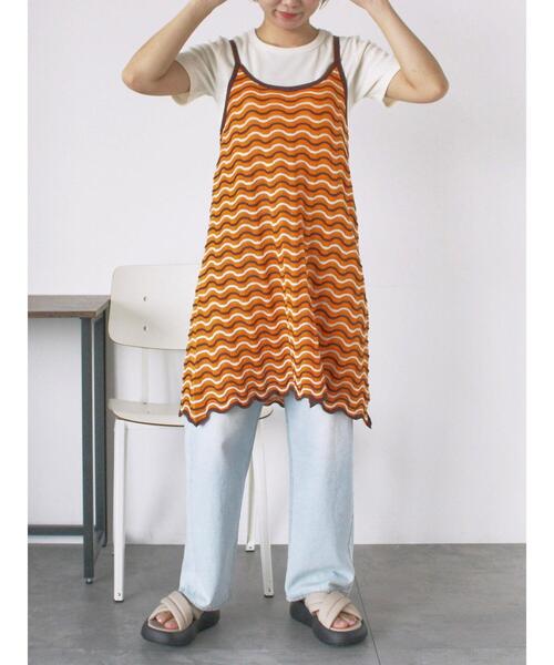 ehka sopo（エヘカソポ）の「配色透かし編みキャミワンピース（ワンピース・レディース・サックスブルー/オレンジ/オフホワイト・F）」の3枚目の写真