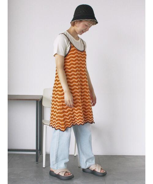 ehka sopo（エヘカソポ）の「配色透かし編みキャミワンピース（ワンピース・レディース・サックスブルー/オレンジ/オフホワイト・F）」の12枚目の写真