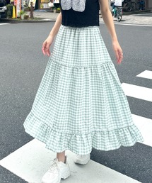 poppy ギンガムチェックティアードスカート グリーン POPPY ギンガムチェックチェック ティアードスカート S グリーン