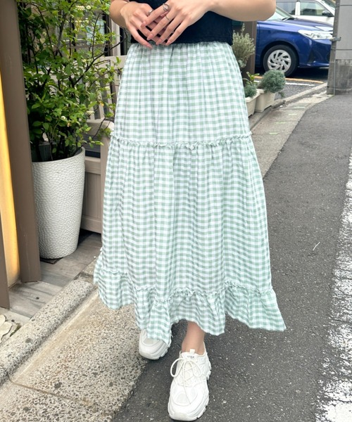poppy ギンガムチェックティアードスカート グリーン Gingham organza tuck skirt (green) – POPPY