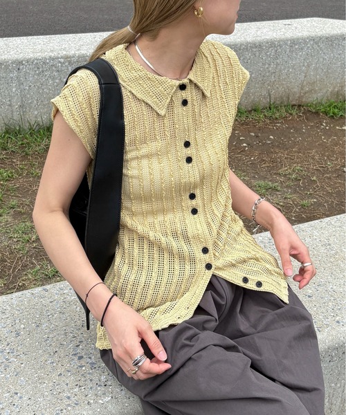 メッシュポロカーディガン　lapeaudegem LA PEAU DE GEM】mesh polo cardigan/メッシュポロカーディガン