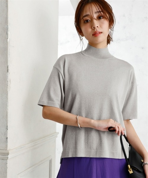 nissen(ニッセン)の「【アイスクリーンプレミアム】ハイネック5分袖ニットトップス(持続冷感・接触冷感・毛玉になりにくい・UVカット・洗濯機で洗える・遮熱)<大きいサイズ有>(ニット/セーター・レディース・杢グレー/ブラック/ブルー/オフホワイト・LL/3L/S/M/L)」の1枚目の写真