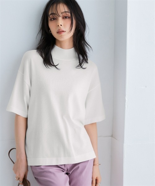 nissen(ニッセン)の「【アイスクリーンプレミアム】ハイネック5分袖ニットトップス(持続冷感・接触冷感・毛玉になりにくい・UVカット・洗濯機で洗える・遮熱)<大きいサイズ有>(ニット/セーター・レディース・杢グレー/ブラック/ブルー/オフホワイト・LL/3L/S/M/L)」の2枚目の写真