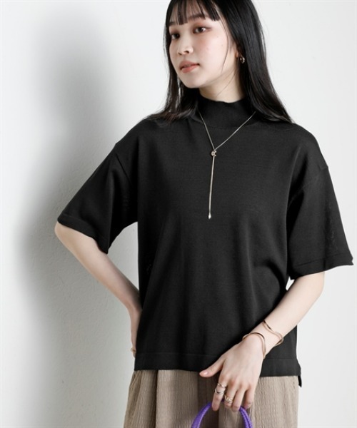 nissen(ニッセン)の「【アイスクリーンプレミアム】ハイネック5分袖ニットトップス(持続冷感・接触冷感・毛玉になりにくい・UVカット・洗濯機で洗える・遮熱)<大きいサイズ有>(ニット/セーター・レディース・杢グレー/ブラック/ブルー/オフホワイト・LL/3L/S/M/L)」の3枚目の写真