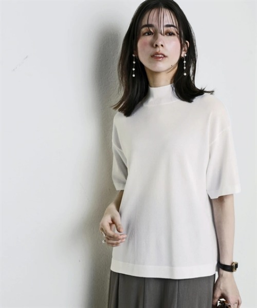 nissen(ニッセン)の「【アイスクリーンプレミアム】ハイネック5分袖ニットトップス(持続冷感・接触冷感・毛玉になりにくい・UVカット・洗濯機で洗える・遮熱)<大きいサイズ有>(ニット/セーター・レディース・杢グレー/ブラック/ブルー/オフホワイト・LL/3L/S/M/L)」の7枚目の写真