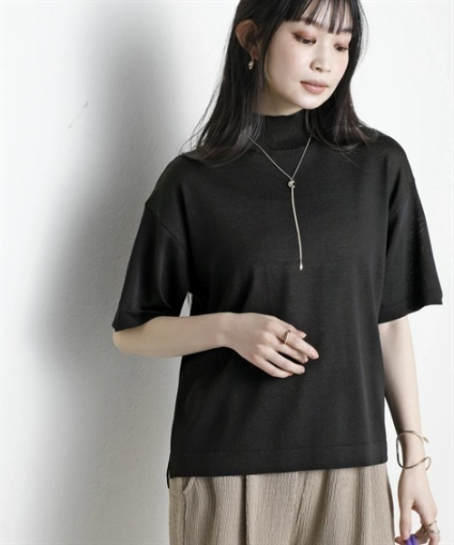 nissen(ニッセン)の「【アイスクリーンプレミアム】ハイネック5分袖ニットトップス(持続冷感・接触冷感・毛玉になりにくい・UVカット・洗濯機で洗える・遮熱)<大きいサイズ有>(ニット/セーター・レディース・杢グレー/ブラック/ブルー/オフホワイト・LL/3L/S/M/L)」の9枚目の写真