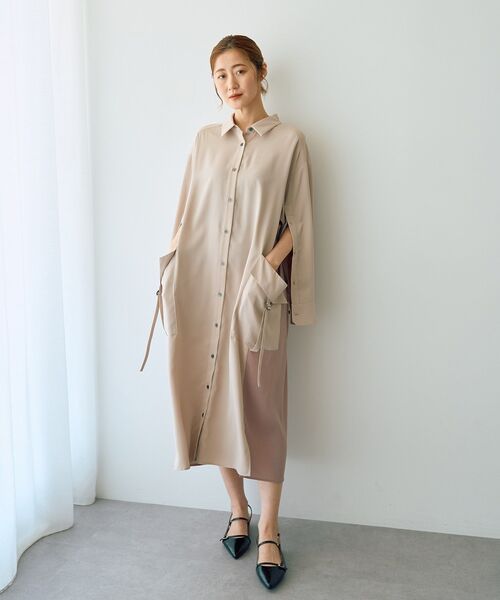 Editt by YECCA VECCA(エディットバイイェッカヴェッカ)の「カーゴデザイン配色シャツワンピース(シャツワンピース・レディース・ライトベージュ/ブラック/カーキ・FREE)」の1枚目の写真