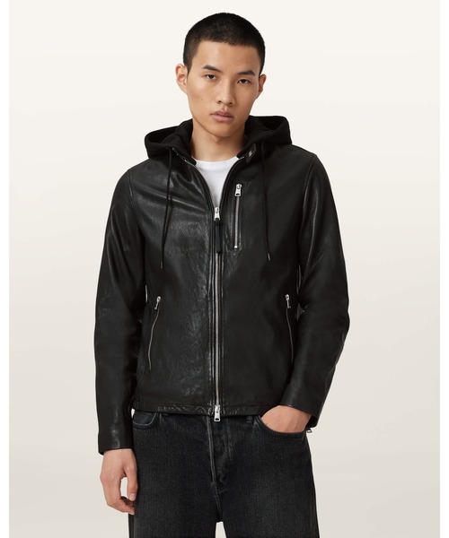 ALLSAINTS フード付きブラックレザージャケット ASHTON HOODED LEATHER JACKET | ASHTON フード付き レザー ジャケット