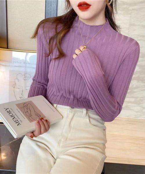 Beststore(ベストストア)の「ボトルネック リブニット 長袖(ニット/セーター・レディース・ホワイト/ベージュ系その他/ピンク/ブラウン/グリーン/パープル/イエロー/オレンジ/ダークブルー/ブラック/ライトベージュ/グレー/ブルー/ダークグリーン/ローズ・FREE)」の11枚目の写真