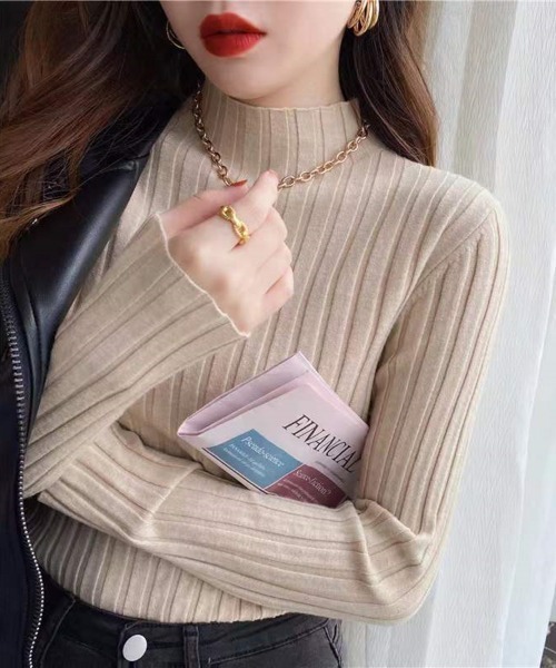 Beststore(ベストストア)の「ボトルネック リブニット 長袖(ニット/セーター・レディース・ホワイト/ベージュ系その他/ピンク/ブラウン/グリーン/パープル/イエロー/オレンジ/ダークブルー/ブラック/ライトベージュ/グレー/ブルー/ダークグリーン/ローズ・FREE)」の5枚目の写真