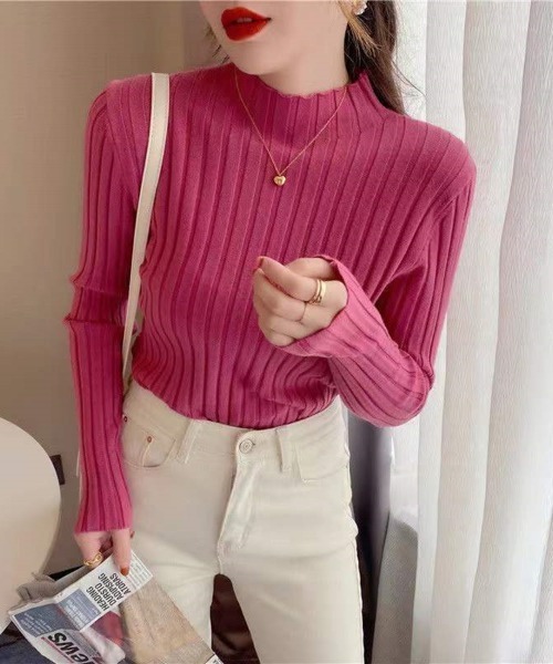 Beststore(ベストストア)の「ボトルネック リブニット 長袖(ニット/セーター・レディース・ホワイト/ベージュ系その他/ピンク/ブラウン/グリーン/パープル/イエロー/オレンジ/ダークブルー/ブラック/ライトベージュ/グレー/ブルー/ダークグリーン/ローズ・FREE)」の14枚目の写真