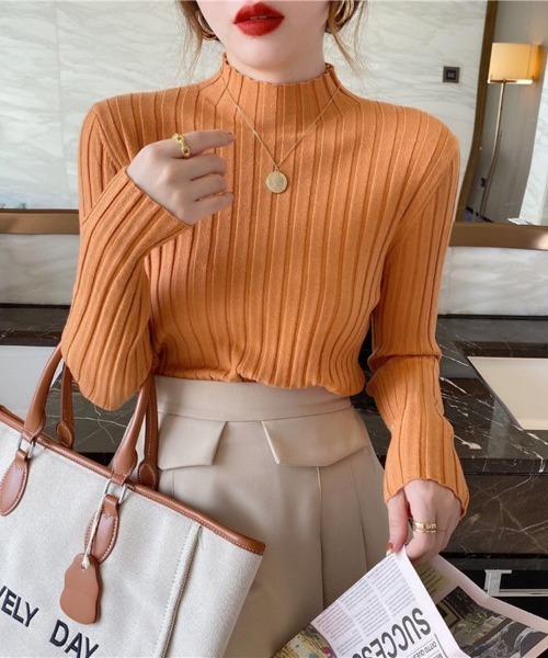 Beststore(ベストストア)の「ボトルネック リブニット 長袖(ニット/セーター・レディース・ホワイト/ベージュ系その他/ピンク/ブラウン/グリーン/パープル/イエロー/オレンジ/ダークブルー/ブラック/ライトベージュ/グレー/ブルー/ダークグリーン/ローズ・FREE)」の15枚目の写真