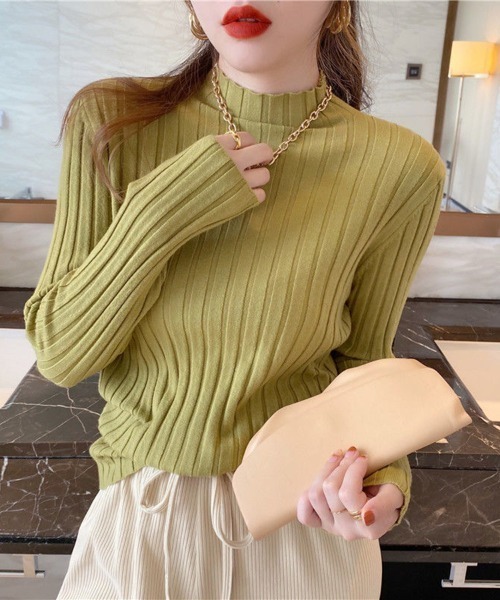 Beststore(ベストストア)の「ボトルネック リブニット 長袖(ニット/セーター・レディース・ホワイト/ベージュ系その他/ピンク/ブラウン/グリーン/パープル/イエロー/オレンジ/ダークブルー/ブラック/ライトベージュ/グレー/ブルー/ダークグリーン/ローズ・FREE)」の8枚目の写真
