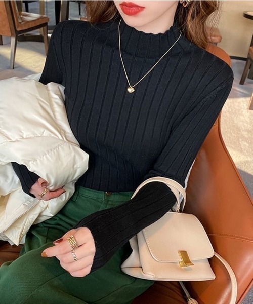 Beststore(ベストストア)の「ボトルネック リブニット 長袖(ニット/セーター・レディース・ホワイト/ベージュ系その他/ピンク/ブラウン/グリーン/パープル/イエロー/オレンジ/ダークブルー/ブラック/ライトベージュ/グレー/ブルー/ダークグリーン/ローズ・FREE)」の1枚目の写真