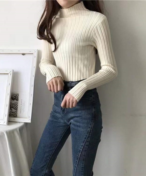 Beststore(ベストストア)の「ボトルネック リブニット 長袖(ニット/セーター・レディース・ホワイト/ベージュ系その他/ピンク/ブラウン/グリーン/パープル/イエロー/オレンジ/ダークブルー/ブラック/ライトベージュ/グレー/ブルー/ダークグリーン/ローズ・FREE)」の19枚目の写真