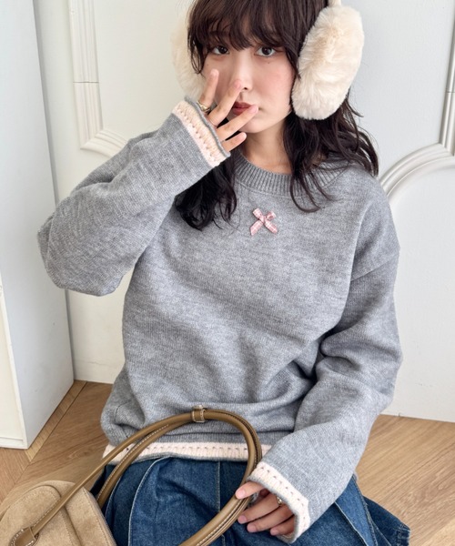 SOLLON.（ソルロン）の「プチリボン配色パイピングニットプルオーバー（ニット/セーター・レディース・レッド/ブラウン/グレー/アイボリー・FREE）」の13枚目の写真