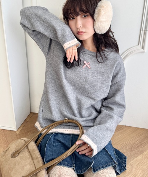 SOLLON.（ソルロン）の「プチリボン配色パイピングニットプルオーバー（ニット/セーター・レディース・レッド/ブラウン/グレー/アイボリー・FREE）」の14枚目の写真