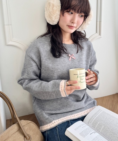 SOLLON.（ソルロン）の「プチリボン配色パイピングニットプルオーバー（ニット/セーター・レディース・レッド/ブラウン/グレー/アイボリー・FREE）」の15枚目の写真