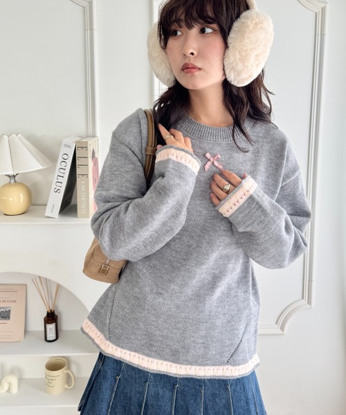 SOLLON.（ソルロン）の「プチリボン配色パイピングニットプルオーバー（ニット/セーター・レディース・レッド/ブラウン/グレー/アイボリー・FREE）」の16枚目の写真