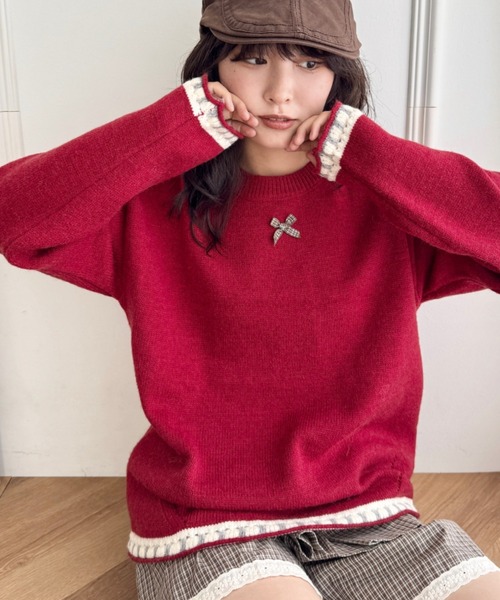 SOLLON.（ソルロン）の「プチリボン配色パイピングニットプルオーバー（ニット/セーター・レディース・レッド/ブラウン/グレー/アイボリー・FREE）」の6枚目の写真
