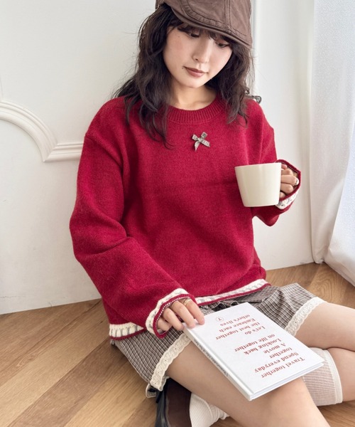 SOLLON.（ソルロン）の「プチリボン配色パイピングニットプルオーバー（ニット/セーター・レディース・レッド/ブラウン/グレー/アイボリー・FREE）」の8枚目の写真