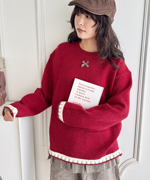 SOLLON.（ソルロン）の「プチリボン配色パイピングニットプルオーバー（ニット/セーター・レディース・レッド/ブラウン/グレー/アイボリー・FREE）」の9枚目の写真