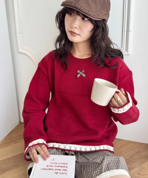 SOLLON.（ソルロン）の「プチリボン配色パイピングニットプルオーバー（ニット/セーター・レディース・レッド/ブラウン/グレー/アイボリー・FREE）」の7枚目の写真