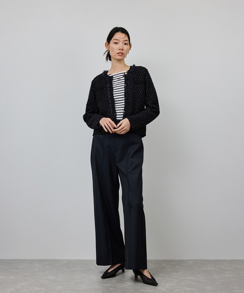 ROPE'(ロペ)の「ニットフリンジジャケット(ノーカラージャケット・レディース・ネイビー/キナリ・36/38)」の4枚目の写真