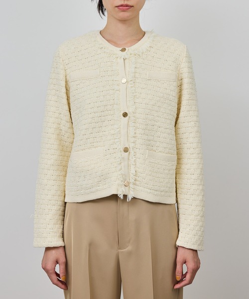 ROPE'(ロペ)の「ニットフリンジジャケット(ノーカラージャケット・レディース・ネイビー/キナリ・36/38)」の8枚目の写真