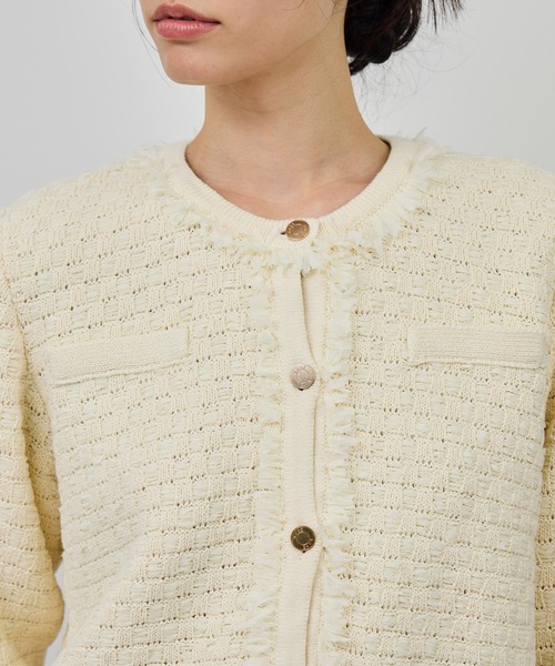 ROPE'(ロペ)の「ニットフリンジジャケット(ノーカラージャケット・レディース・ネイビー/キナリ・36/38)」の11枚目の写真