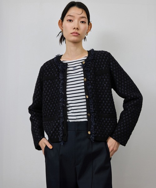 ROPE'(ロペ)の「ニットフリンジジャケット(ノーカラージャケット・レディース・ネイビー/キナリ・36/38)」の21枚目の写真