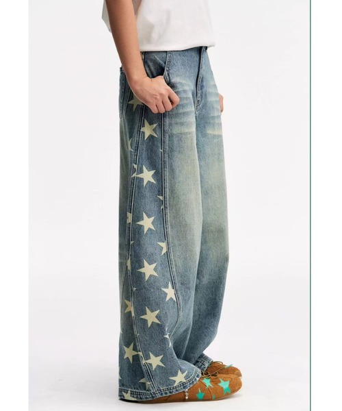 AsRiRe（アスリレイ）の「星柄サイドラインバギーデニム（デニムパンツ・レディース・ブルー・S/M/L）」の6枚目の写真