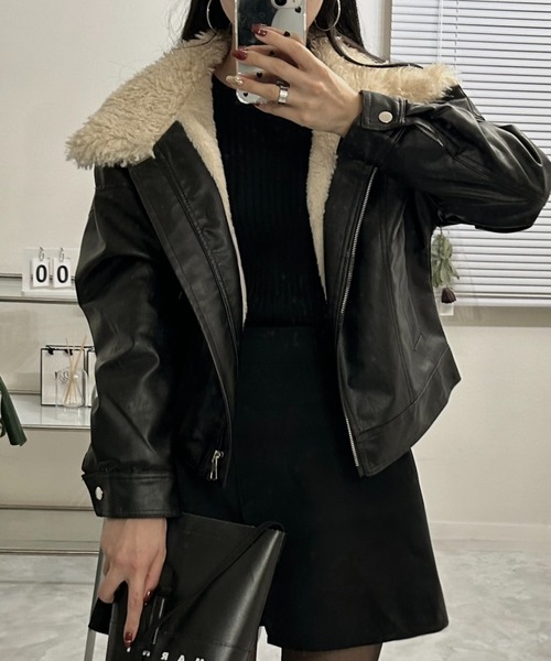 セール】ボア襟 フェイクレザーショートジャケット/ライダース風