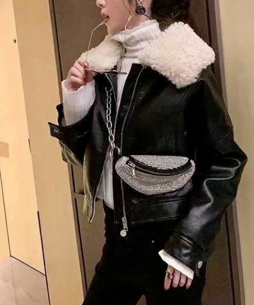 セール】ボア襟 フェイクレザーショートジャケット/ライダース風